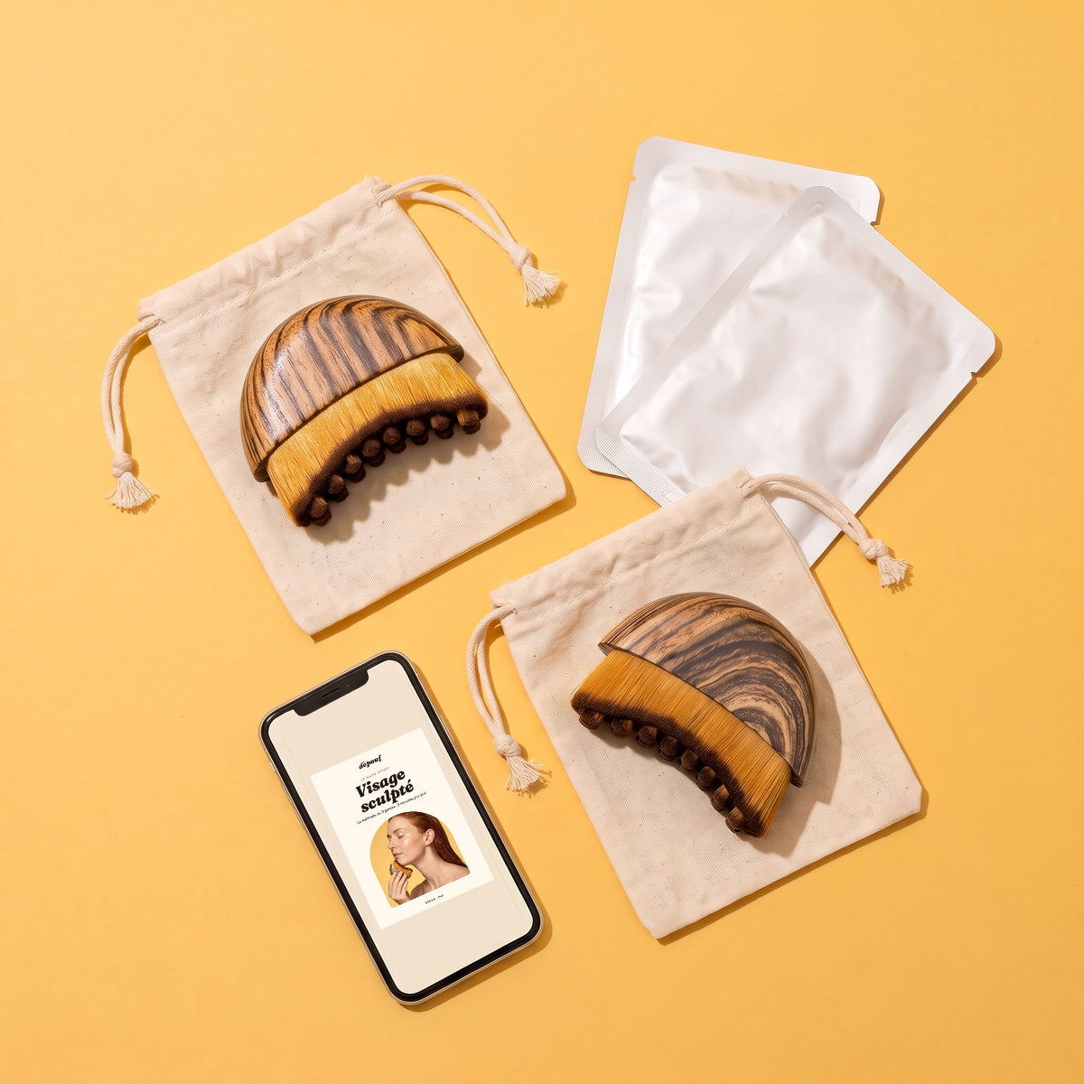 Le kit dépouf : 2 brosses, 2 étuis, 2 masques au bio-collagène et l’ebook