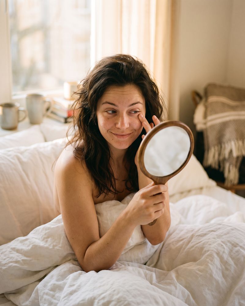 Femme au réveil qui observe son visage gonflé